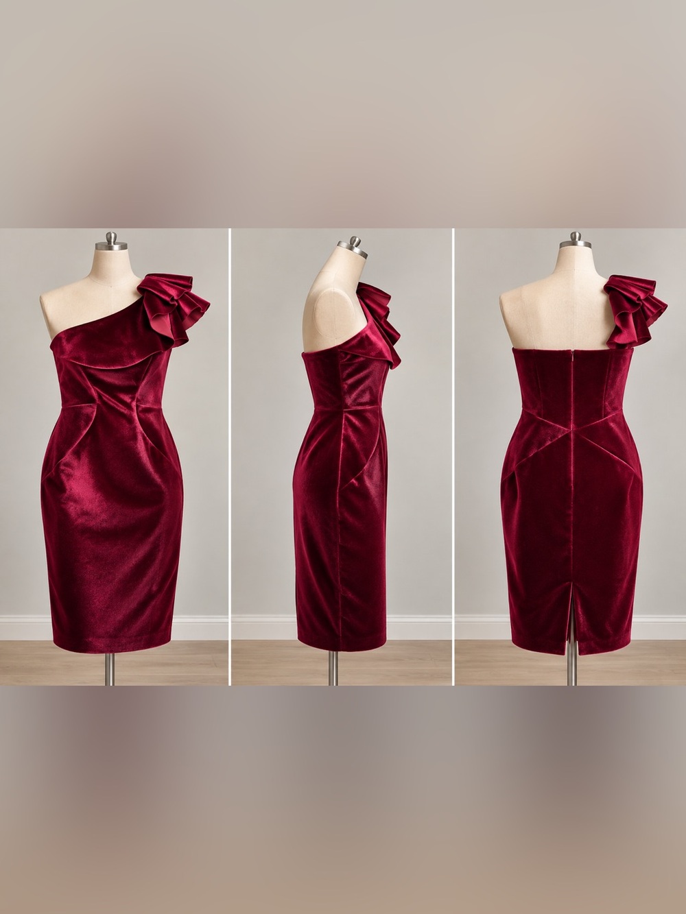 Velvet One Shoulder Cocktail Midi Dress